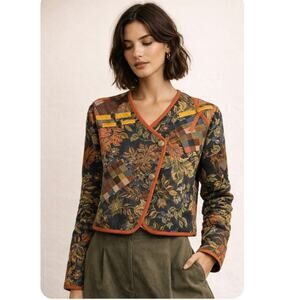 Vintage Cropped Tapestry Carpet Jacket Asymmetrical Button Front Medium